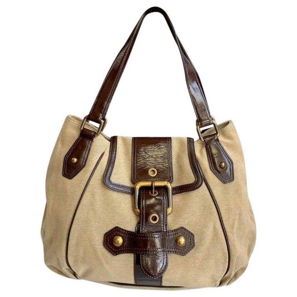 Authentic Burberry Blue Label Beige Buckle Canvas Chocolate Patent  Leather Bag - Picture 1 of 13